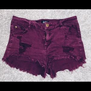 Distressed Maroon High Waisted Shorts
